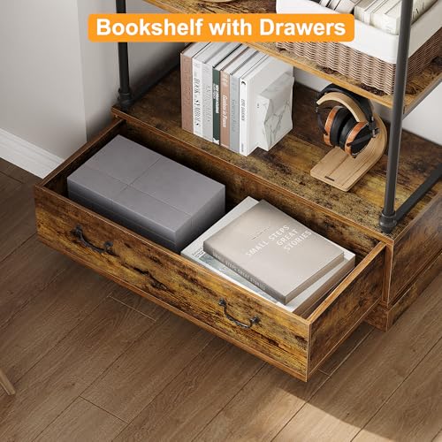 5 Tier Bookshelf with Storage Drawer, 81" Tall Book Shelf Vintage Bookcase w/Metal Frame, Rustic Open Bookshelf for Living Room Offic Bedroom Library (Brown)