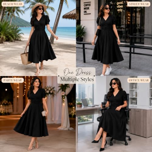 Image of Preneum Girl's & Women's Solid Color V-Neck A-Line Maxi Dress for Women | New Year Party Outfit | Waist Cinched Puff Sleeve Western | Elegant Casual Wear (Availble in Plus Size)