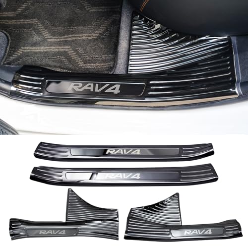 AKUSESARI RAV4 ガソリン 50系 サイドステップガード サイドスカッフプレート ドアステッププロテクター インテリアパネル 汚れ防止 傷防止 内側 ステンレス 車種専用設計 4PCS 新型 RAV4 2019年〜XA50系【内側ブラックヘアラ