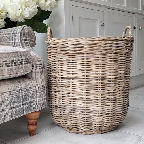 Handwoven Rattan Storage Basket with Handles, Natural Wicker, Extra Large Log Basket, Round Rattan Storage, XL Storage
