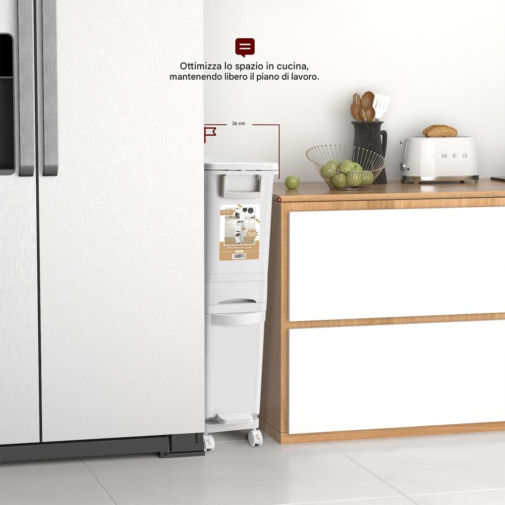 BAKAJI Pattumiera Alta e stretta da Cucina 32 Litri con Cestino Rimovibile per Spazzatura e Raccolta Differenziata, Design Salvaspazio, 1 Bidone a Ribalta + 1 Cassetto, 26 x 36 x 84H cm (32 Litri)