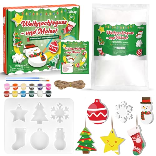 Pllieay Weihnachten Set de Manualidades de Yeso para Niños, Incluye 500g de Polvo de Yeso para Relieves y Moldes de Silicona, Set de Inicio para Relieves de Yeso para Decoraciones Navideñas