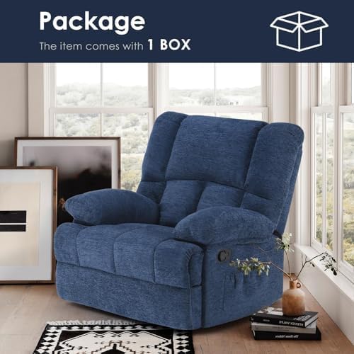 Image of Oversized Rocker Recliner Chair, Wide Rocker Chair with Adjustable Backrest Footrest, Lazy Boy Oversized Recliner for Adults, Reclining Sofa for Living Room, Reading, Bedroom, Blue