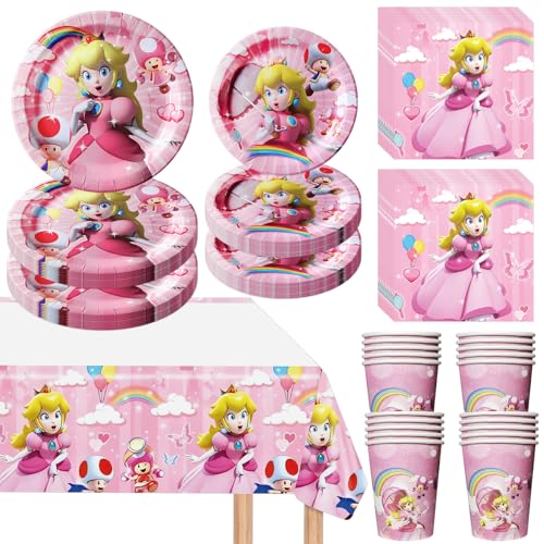 81 PCS Princess Peach Party Paper Plates and Napkins Set, Peach Tableware Set Includes 40 PCS Plates, 20 PCS Napkins, 20 Cups, 1 Tablecloth for Birthday Party