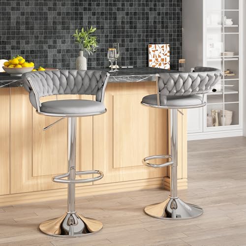 Image of Lamerge Velvet Bar Stools Set of 2,Swivel Bar Chairs Counter Adjustable Height Barstools with Back & Footrest,Upholstered Kitchen Island Chairs for Pub(2PCS Grey)