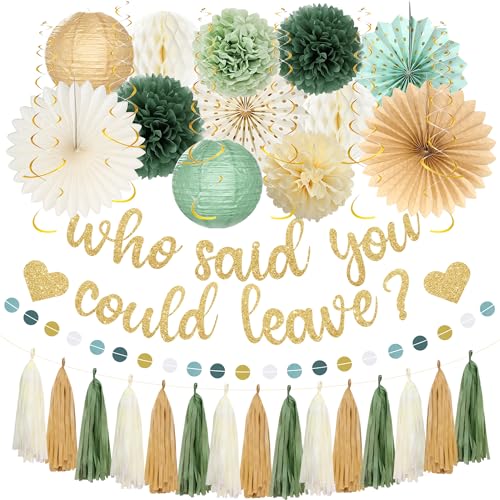 Image of Roetyce Farewell Party Decorations Women Men, Gold Glitter Who Said You Could Leave Banner, Green Going Away Leaving Goodbye Party Supplies for Coworker Friends, Retirement Photo Background Decor