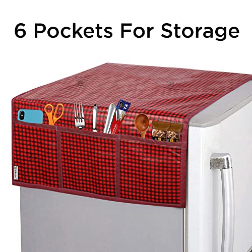 Image of PVC Waterproof 3-Layered Fridge Top Cover /Refrigerator Cover with Utility Pockets and Set of 4 Pc Fridge Mats (Colour -Red, Size-39x21 Inches)