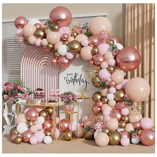 Rose Gold Balloon Garland Kit, Nude Pastel Pink Metallic Gold Matte White Balloons Gold and Rose Gold Confetti Balloons for Wedding Bridal Shower Princess Party Girl Birthday Decorations
