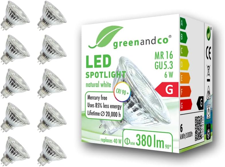 greenandco® CRI 90+ 4000K 36° LED spot Replaces 40 Watt GU5.3 MR16 Halogen Spotlight, 6W 380 Lumen Neutral White 12V AC/DC, not dimmable, 10-Pack [Energy Class G]