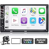 Doppel Din Autoradio kompatibel mit Apple Carplay und Android Auto, 7 Zoll Touchscreen Autoradio mit Bluetooth/Mirror Link/UKW Radio/Lenkradsteuerung+ Rückfahrkamera und Rahmen