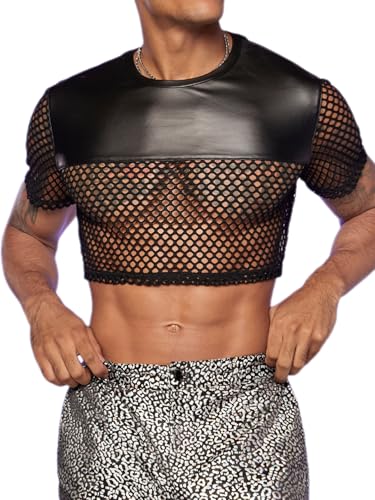 GORGLITTER Men's Fishnet Crop Tops Short Sleeve Mesh T-Shirt See Through Party Nightwear Sheer PU Leather Block Shirt Sheer Black Large