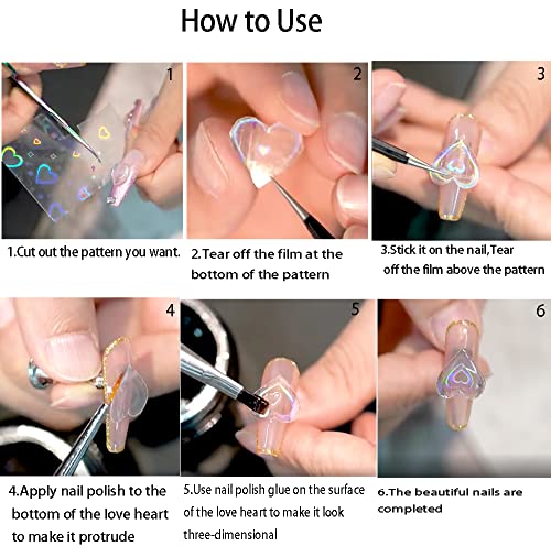 Kakuta 6 Sheets Aurora Heart Nail Art Stickers,3D Self-Adhesive Iridescent Laser Decals Heart Love /Star 3 Patterns Design For Women Girls Diy Manicure Decoration Accessories . #TOP6