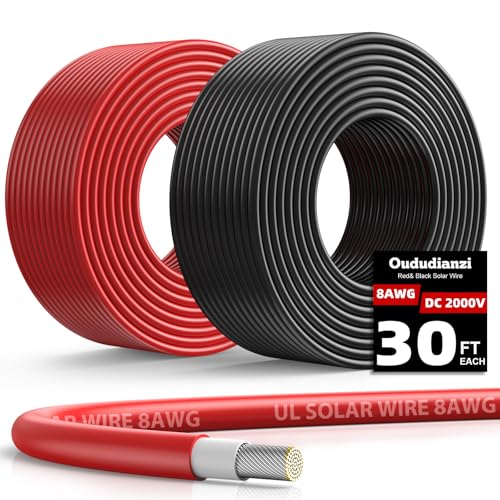 Oududianzi 8AWG Solar Panel Wire 2x30Ft Solar Wire 8 Gauge Tinned Copper PV Cable Solar Extension Cable for Outdoor Automotive RV Solar Panel Boat Marine