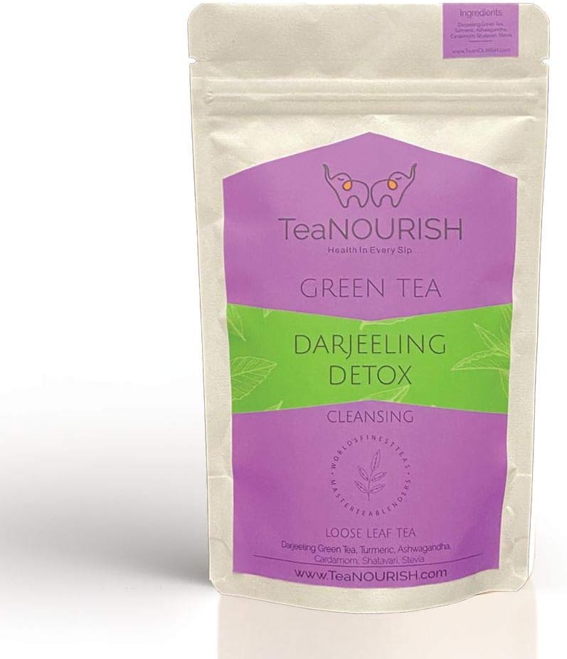 Everyday Detox Green Tea | Darjeeling Loose Leaf | 100% Natural Turmeric, Ashwagandha, Cardamom, Shatavari, Stevia | 50 Cups Hot Tea or Iced Tea - 3.53oz/100g