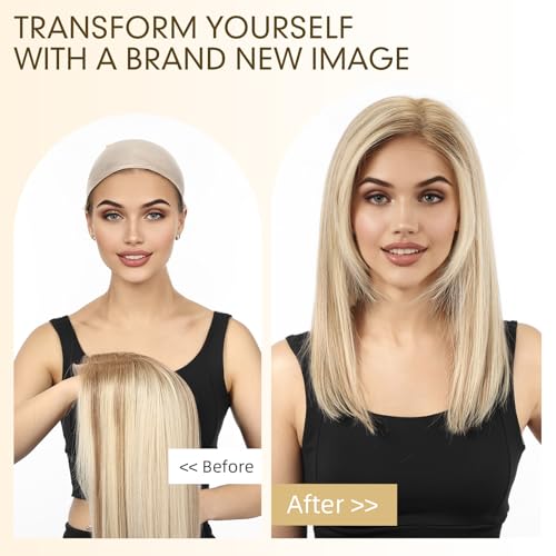 Image of KKU 100% Human Hair Wigs for Women,Real Human Hair Wigs,Side Swept Bangs Lace Front Wig(16 Inch,Brown Mixed Blonde)