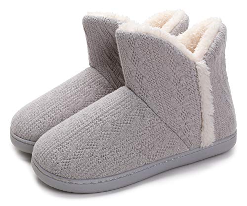 Vonluxe Women's Knit Bootie Slipper Fuzzy Memory Foam House Slippers Comfort Plush Lining Shoes Indoor Outdoor Sole