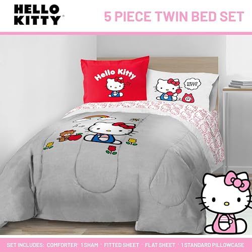 Image of Sanrio Hello Kitty Twin Comforter Set 5 Piece Bedding for Girls, Grey | Bed in a Bag, Comforter Sheets Sham Pillowcase, Official Product, Soft Microfiber, Machine Washable, Easy Care, Girls Gift