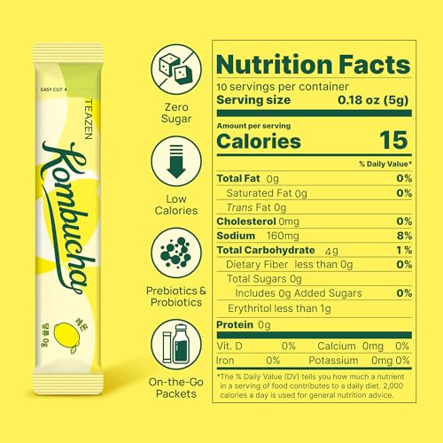 Image of TEAZEN Lemon Kombucha Tea, Hydration Drink Mix, Sugar Free, Live Probiotics & Prebiotics, 10 Sticks, 1.76oz