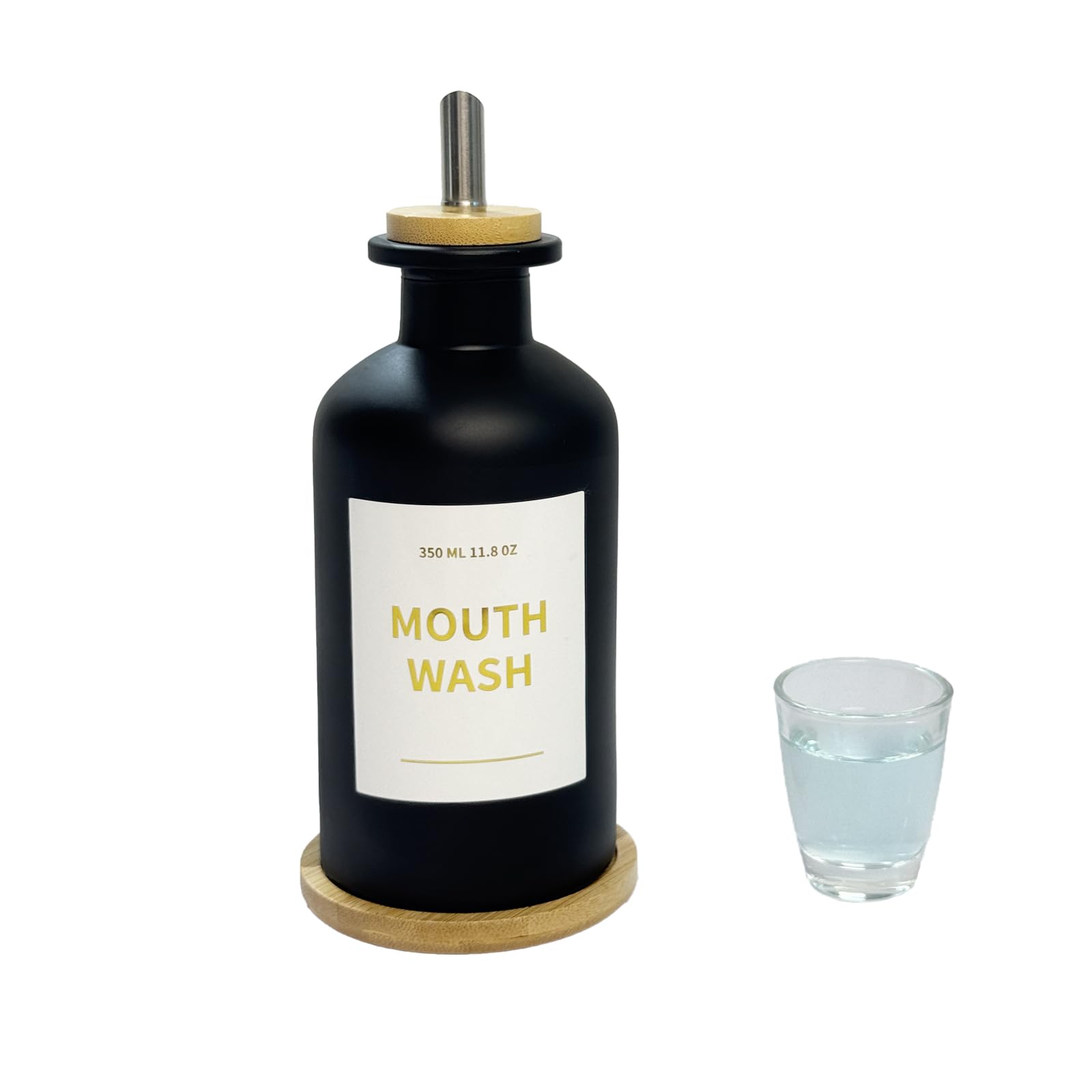 Yumzxin 11.8OZ Glass Mouthwash Bottle with Bamboo Tray & Stainless Steel Nozzle, Refillable Bathroom Organizer, Essential Oil Dispenser, Minimalist Vanity Decor