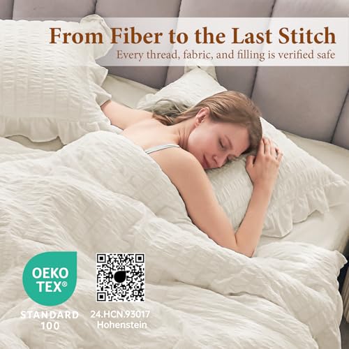 Image of JOLLYVOGUE Oversized Queen Comforter Set, 3 Pieces Ivory Seersucker Comforters, Lightweight & Fluffy Bedding Sets for All Season with 1 Ruffle Comforter and 2 Ruffle Pillowshams