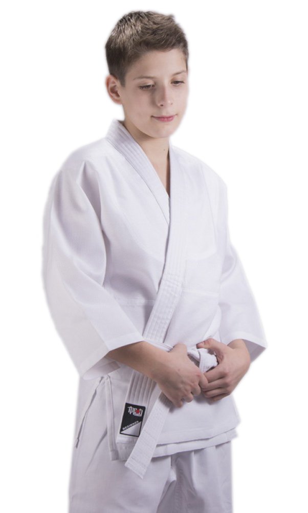 Ippon Gear Set Beginner Kinder Judoanzug / MMA / Karate / Jiu Jitsu / Kampfsport Anzug inkl Gürtel [Größe 120 I Gummizug & Schnürbund an der Hose I 190gr/m² Stoffdichte] weiß Fashion