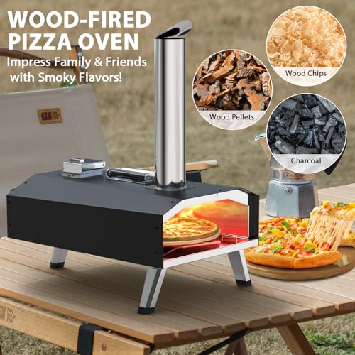 Pizza Oven Table Grill Cart and Wood Pellet 12” Pizza Oven, Wood Fired Pizza Oven Outdoor for Outside Backyard, Camping, Picnics, Patio, Universal Outdoor Pizza Oven Grill Cart 4 Wheels