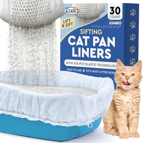 Alfapet Sifting Cat Litter Box Liners - Jumbo 30 Count Tear-Resistant Cat Litter Bags Waterproof Kitty Litter Liners Fits Litterbox Pan Sizes X-Large X-Giant 37 x 18 30 lb Capacity