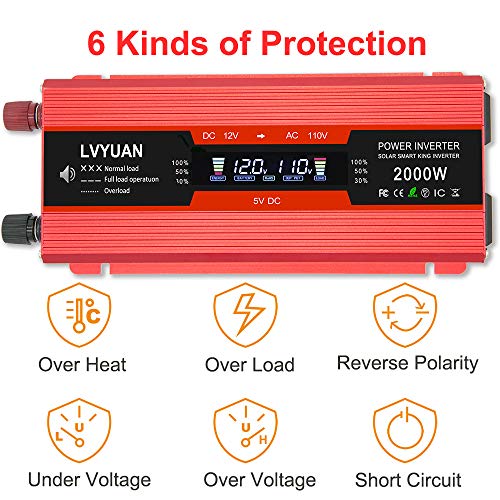 Cantonape 1000W/2000W(Peak) Car Power Inverter DC 12V to 110V AC Converter with LCD Display Dual AC Outlets and Dual USB Car Charger for Car Home Laptop Truck (Red)