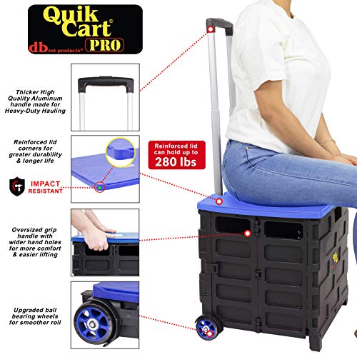 Image of dbest products Quik Cart Pro Wheeled Rolling Crate Teacher Utility with seat Heavy Duty Collapsible Basket with Handle, Blue