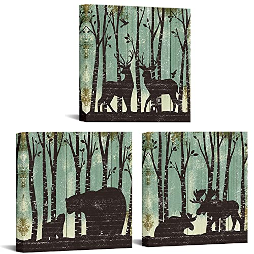 Image of RyounoArt Wildlife Wall Art Canvas Bear Deer Moose in Forest Pictures Rustic Wild Animal Painting for Cabin Hunting Room Farmhouse Wall Decor Framed 12"x12"x3pcs