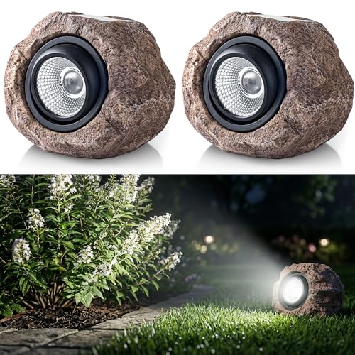 Solar Rock Lights Outdoor – 2 Pack Waterproof LED Landscape Garden Spotlights, Realistic Stone Design, Wireless Solar Powered Pathway Lights for Yard, Walkway, Patio & Lawn Decoration (Auto On/Off)