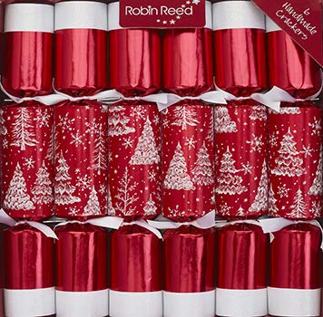 Robin Reed 6 x 12 (30cm) Handmade Christmas Crackers White Glitter Tree on red - 61911