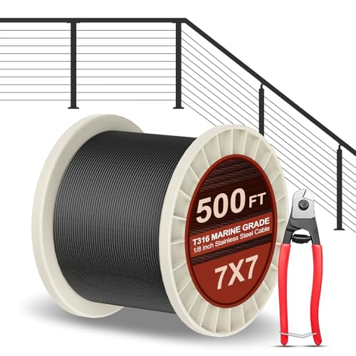 BLIKA 500FT 1/8 Black Stainless Steel Cable with Cutter T316 Marine Grade Stainless Steel Wire Rope 7x7 Strand Construction 1850lbs Breaking Strength Aircraft Cable for Deck Railing
