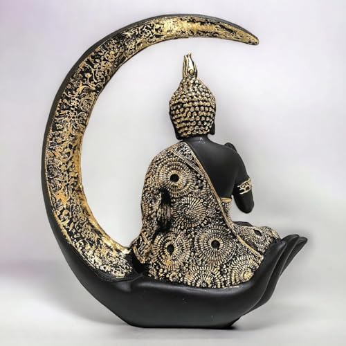 Image of Black & Gold Meditating Buddha Statue with Crescent Moon & Hand Base - Spiritual Buddha Idol for Home Decor, Feng Shui Lucky Showpiece for Living Room