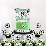 BIGJIYU 9pcs Happy Birthday Cake Topper Football,Personalised 8th Topper,1 Double Sided Glitter with 8 Soccer Cupcake Decorations for Kids Boys Sports Party Supplies Decor - Image 4