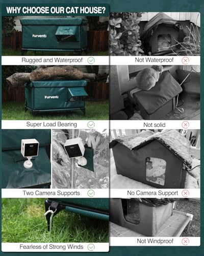Image of Outdoor Heated Cat House in Winter,Extremely Insulated & Weatherproof,Elevated Feral Cat Shelter with Waterproof Eaves & Escape Door for Outside Stray Barn Cat (Dark Green,M.)