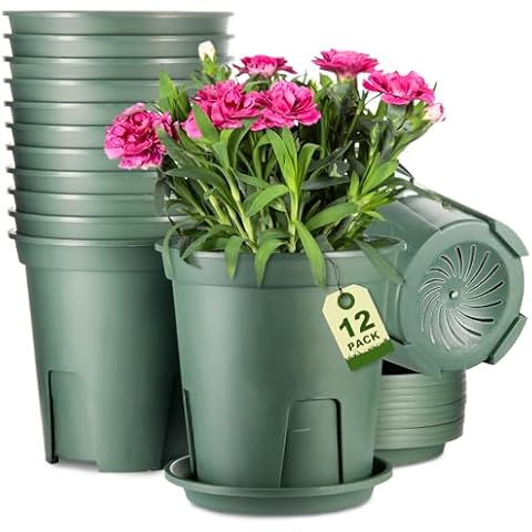 EHWINE Plant Pots, 12Pack 7 Inch Planters for Indoor Plants, Plastic Planters with Drainage Hole and Tray, Flower Pots Indoor Plant Pots for Patio Garden Home Office Flowers Succulents Cover