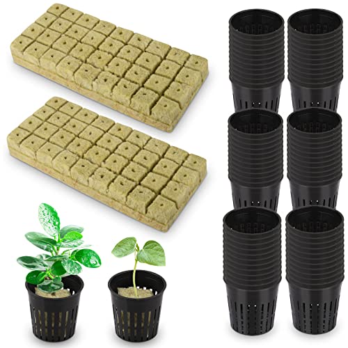 Reeooue 72 Sets Rockwool Cubes and Net Pots, 1.2 * 1.2 * 1.5 inch Rock Wool 72 Plugs & 72-Pack 2inch...