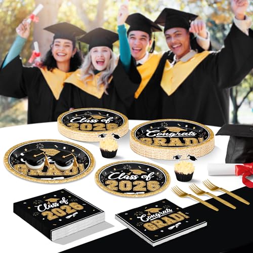 Image of QZYL 200Pcs Graduation Party Supplies 2026, Black and Gold Graduation Plates and Napkins, Disposable Grad Dessert Plates and Plastic Forks, Graduation Party Tableware for 50 Guests