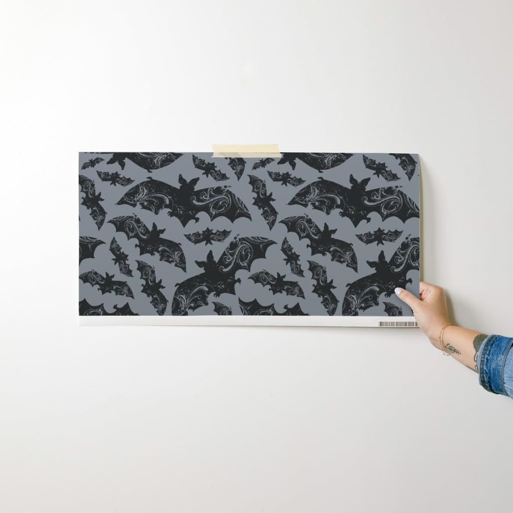 Spoonflower Peel & Stick Wallpaper Swatch - Night Flight Gothic Halloween Bats Grey Bat Animal Spooky Dark Cave Emo Creatures Wildlife Custom Removable Wallpaper