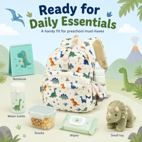 Image of LOIDOU Toddler Backpack for Boys Ages 2-4, 12 Inch Mini Preschool Daycare Bookbag with Insulated Snack Pocket, Corduroy Small Kids Travel Backpack with Chest Strap,Beige Dinosaur