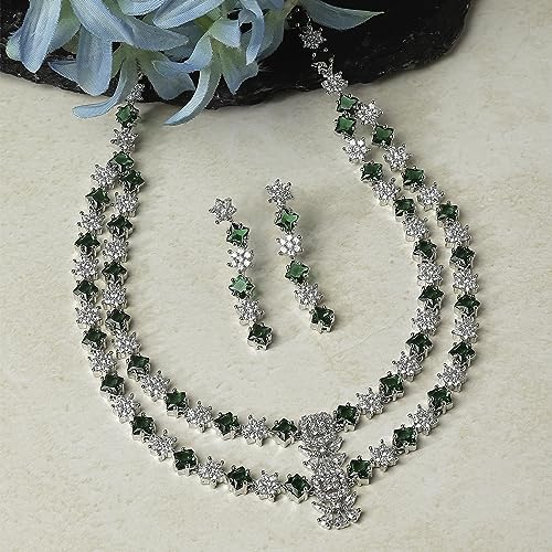Image of ZENEME Rhodium-Plated American Diamond Studded Star Shaped Layered Necklace With Earrings Jewellery Set For Girls and Women