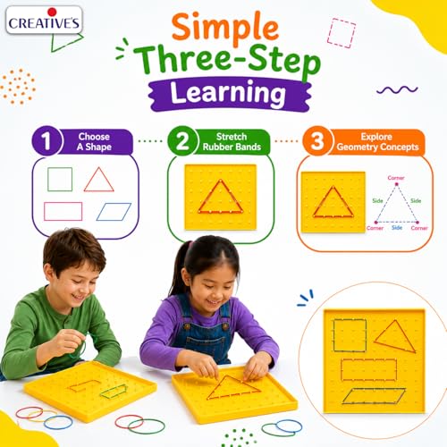 Image of Creative's Educational Geometry with Geoboard |Games and Activity Guide | Easy & Fun Way of Learning Geometry Shape | for Kids Ages -6 Years and Up (20 Rubber Bands)
