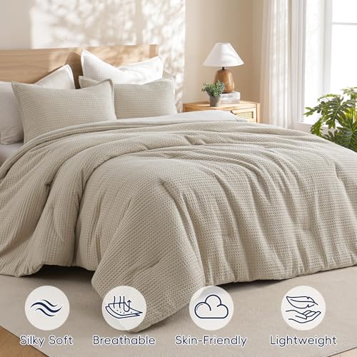 Image of PHF Soft Waffle Comforter Set King Size- Comfy Breathable Waffle Weave Comforter with 2 Pillow Shams, 3 Pieces Less Snagging Lightweight Textured Bedding Set for All Season, Natural /Linen