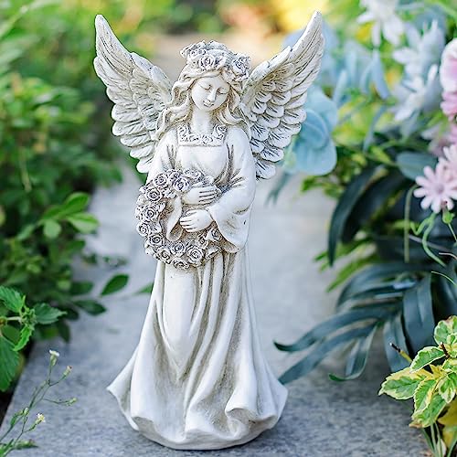 Angel Garden Statue Holding A Floral Wreath, Angel Memorial Figurine For Patio, Lawn, Yard, Memorial Gift Bereavement Gifts Religious Gifts Sympathy Gift Cemetery Grave, Ployresin 11.8 Inch #TOP17