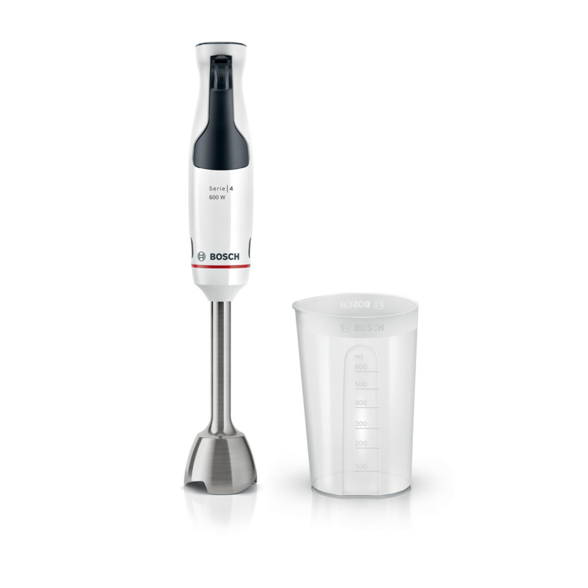 Bosch - Batidora de mano ErgoMaster Serie 4, 600 W, Control de velocidad dinámico, QuattroBlade, Vaso mezclador incluido, Blanco, MSM4W210