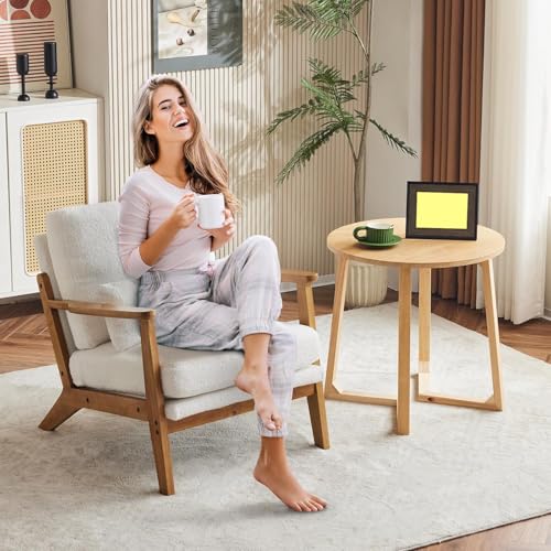 Image of Mid-Century Accent Relax Chair - Wide Armrest Lounge Chair with Linen Fabric with Lumbar Pillow (White, 28.3 x 31.5 x 29.5 INCH)