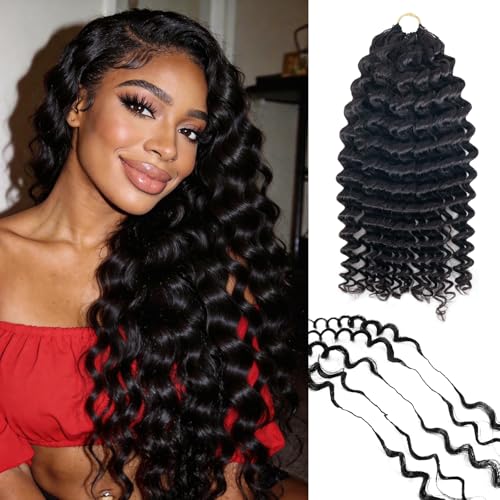 Volurelle Human Crochet Hair Deep Wave Miracle Knots Crochet Human Hair Extensions 18 Inch 60g Real Remy Hair Pre-Separated Feather Crochet Human Hair Natural Black