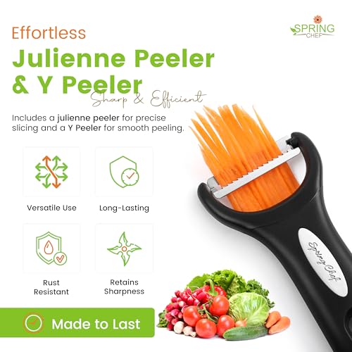 Image of Spring Chef Premium Y & Vegetable Julienne Peeler Set for Kitchen with Stainless Steel Sharp Blades - Carrot Peelers with Comfortable Handles - Perfect for Zucchini, Cucumber, Papaya, Potato - Black