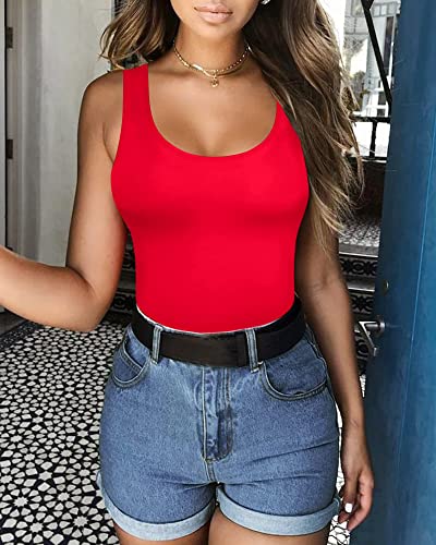Image of MANGOPOP Women's Tank Top Bodysuit Scoop Neck Sleeveless Body Suits Sexy U-Back Backless Going Out Tops